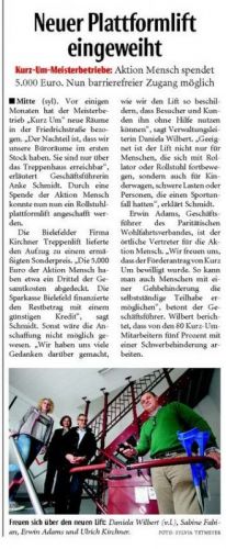 Barrierefreie Räumlichkeiten bei Kurz Um dank integrierten Plattformlift – Zeitungsartikel